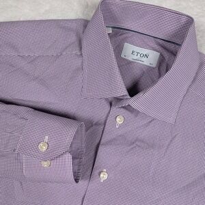 Eton Shirt Mens 16.5 42 Purple Gingham Contemporary Fit Long Sleeve Dress Cotton